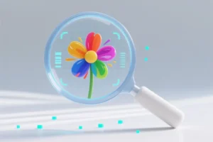 A magnifying glass angled and inside the glass lens vibrant colorful liquid paint strokes are dynamically forming a simple minimal flower.