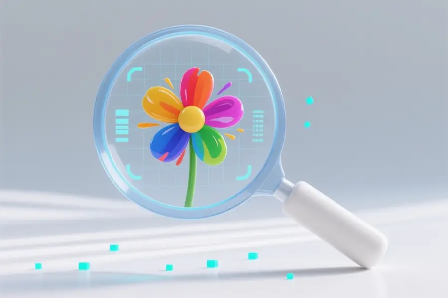 A magnifying glass angled and inside the glass lens vibrant colorful liquid paint strokes are dynamically forming a simple minimal flower.