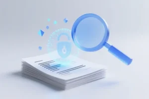 A magnifying glass made of smooth frosted blue glass floats over a neat stack of white paper documents.