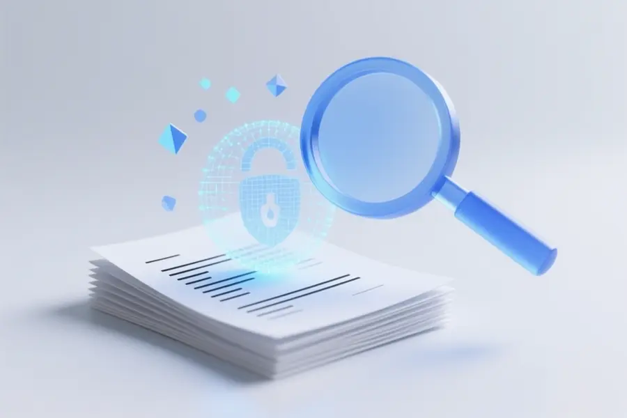 A magnifying glass made of smooth frosted blue glass floats over a neat stack of white paper documents.