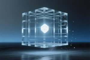A massive crystalline grid composed of thick clear glass beams representing a fixed coordinate system.