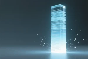 A massive digital soft cyan colored monolith composed of dozens of stacked layers of faint glowing text lines.