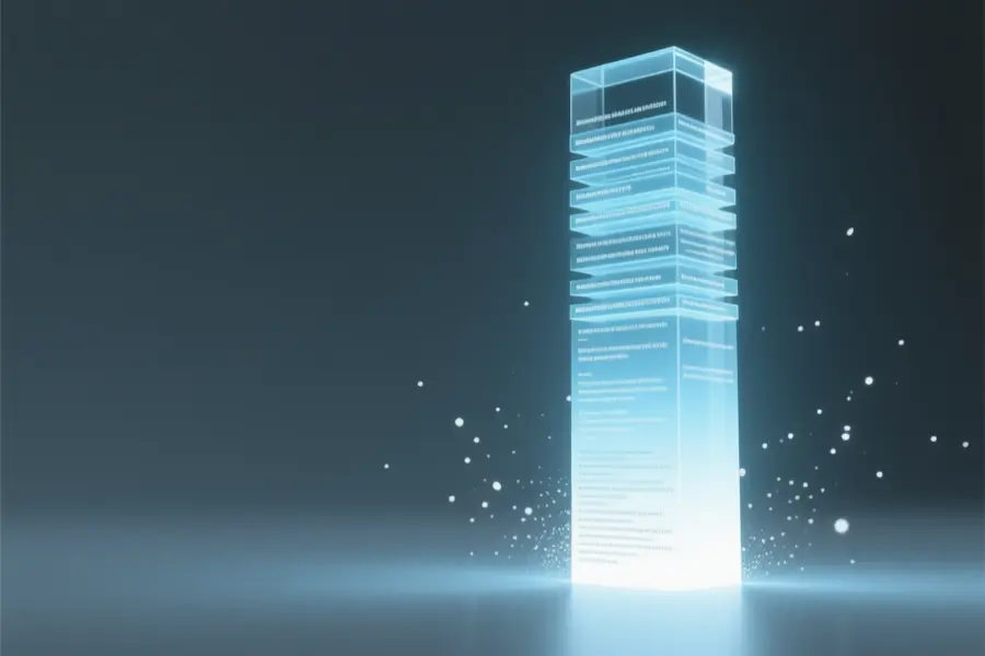 A massive digital soft cyan colored monolith composed of dozens of stacked layers of faint glowing text lines.