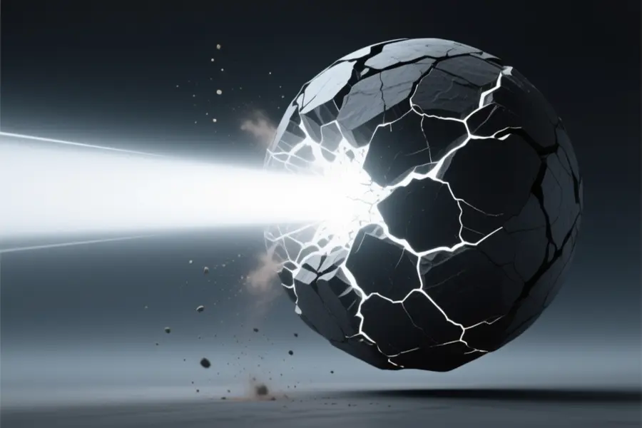 A massive floating sphere composed of jagged dark slate material with light bursting outwards.