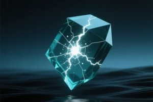 A massive semi-transparent dark teal geometric monolith floating in a void jagged glowing hot white crack.