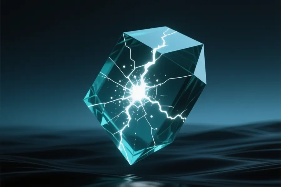 A massive semi-transparent dark teal geometric monolith floating in a void jagged glowing hot white crack.