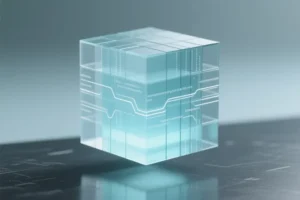 A massive translucent cubic structure composed of neatly stacked digital glass panes.