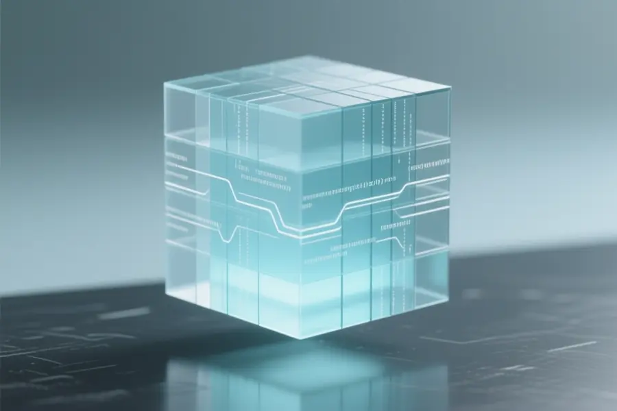A massive translucent cubic structure composed of neatly stacked digital glass panes.