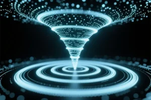 A mesmerizing vortex of countless tiny bright data points spiraling downward in a funnel shape