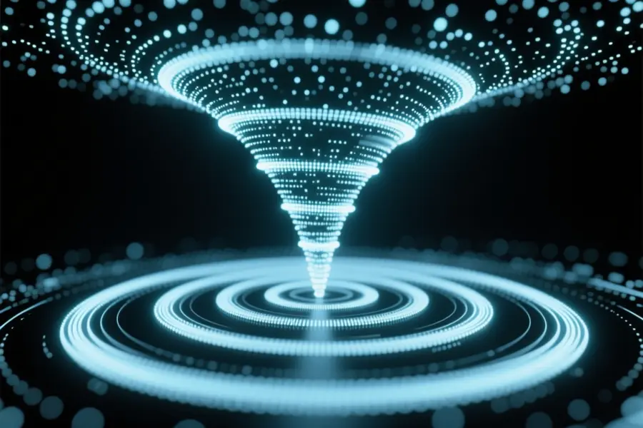 A mesmerizing vortex of countless tiny bright data points spiraling downward in a funnel shape