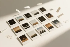A meticulously arranged grid of twelve vintage Polaroid photographs resting on a smooth thin ivory surface.
