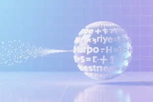 A minimal composition featuring a large spherical object constructed entirely from layered floating white typography and mathematical symbols.