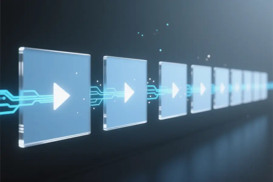 A minimal composition featuring a long horizontal row of translucent square glass panels symbolizing motion.