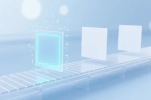 A minimal, digital white conveyor belt with frosted glass texture that rests three large floating digital image frames.