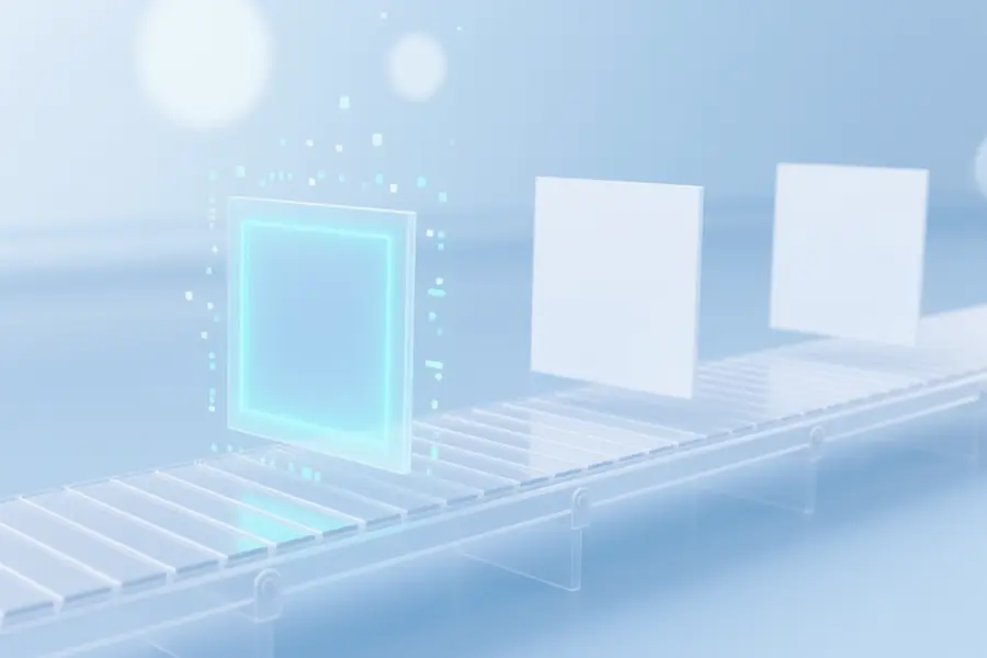 A minimal, digital white conveyor belt with frosted glass texture that rests three large floating digital image frames.