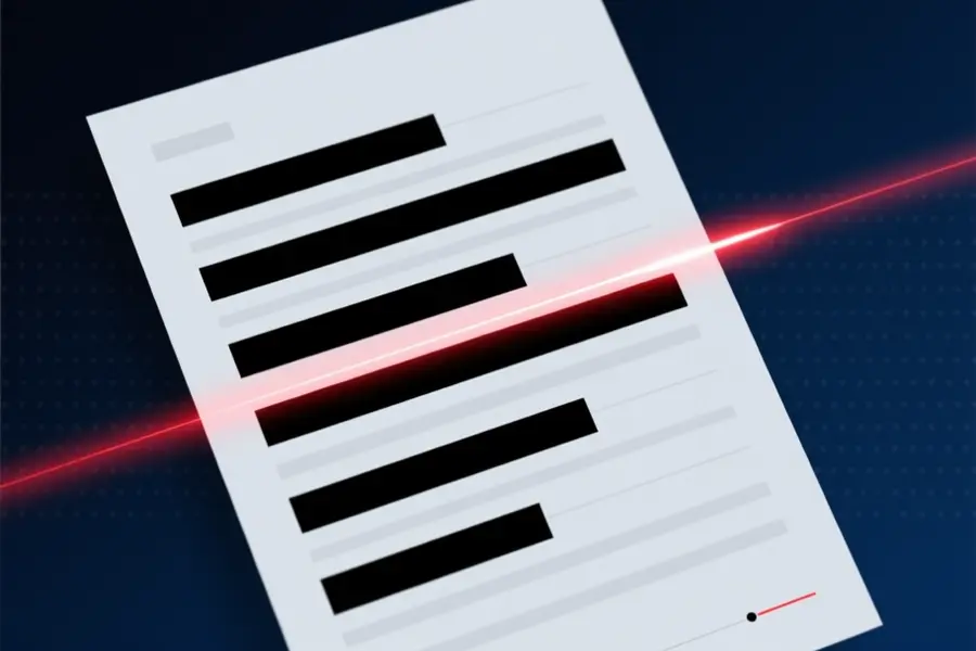 A minimal document visualization with horizontal text lines and black redaction bars cover portions of several lines.