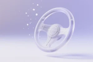 A minimal floating steering wheel made of layered frosted glass gently angled symbolizing lightweight visual guidance.