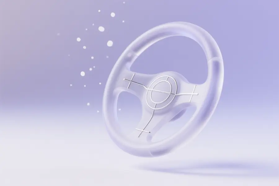 A minimal floating steering wheel made of layered frosted glass gently angled symbolizing lightweight visual guidance.
