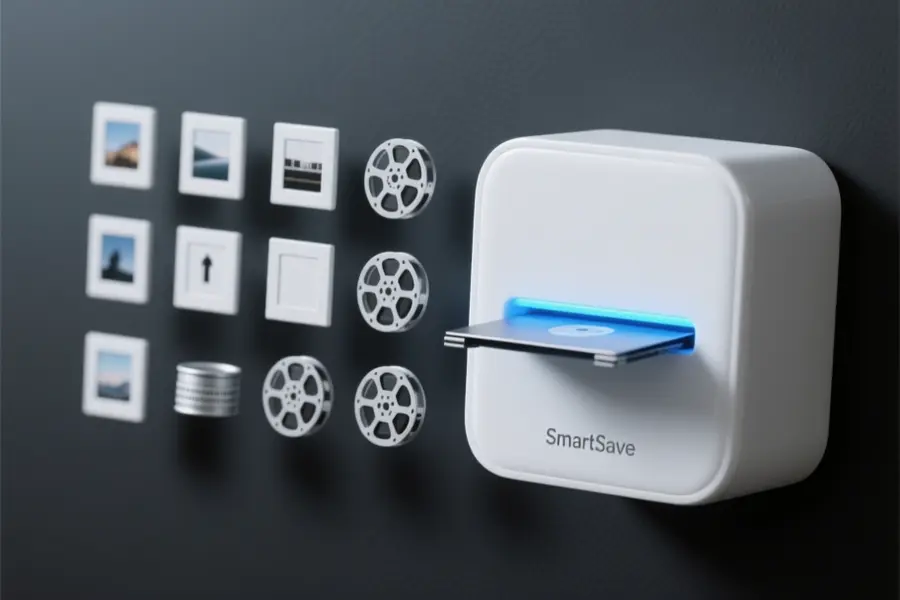 A minimal smart storage module made of semi-translucent matte white ceramic taking up the entire right side of the frame.