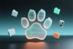 A minimalist digital workspace scene centered around a sleek glowing paw.