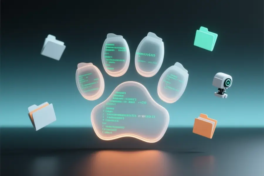 A minimalist digital workspace scene centered around a sleek glowing paw.