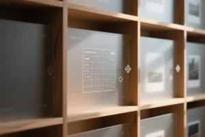 A minimalist wooden shelving unit holds translucent frosted glass panels.