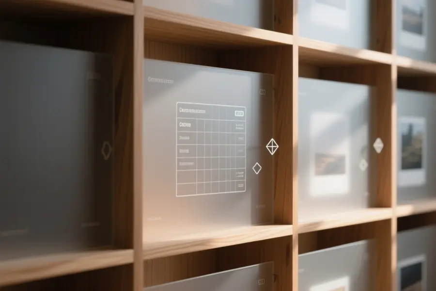 A minimalist wooden shelving unit holds translucent frosted glass panels.