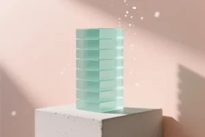 A neat towering stack of mint-green rectangular glass blocks precisely aligned and representing structured logic.