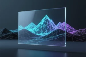 A rectangular glass frame with deep intricate three-dimensional wireframe landscape extends into the distance.