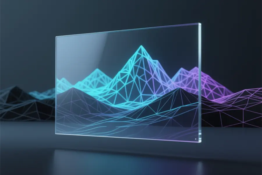 A rectangular glass frame with deep intricate three-dimensional wireframe landscape extends into the distance.