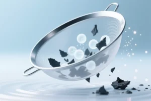 A silver sieve hovering with smooth glowing white data orbs are passing through the fine mesh holes.