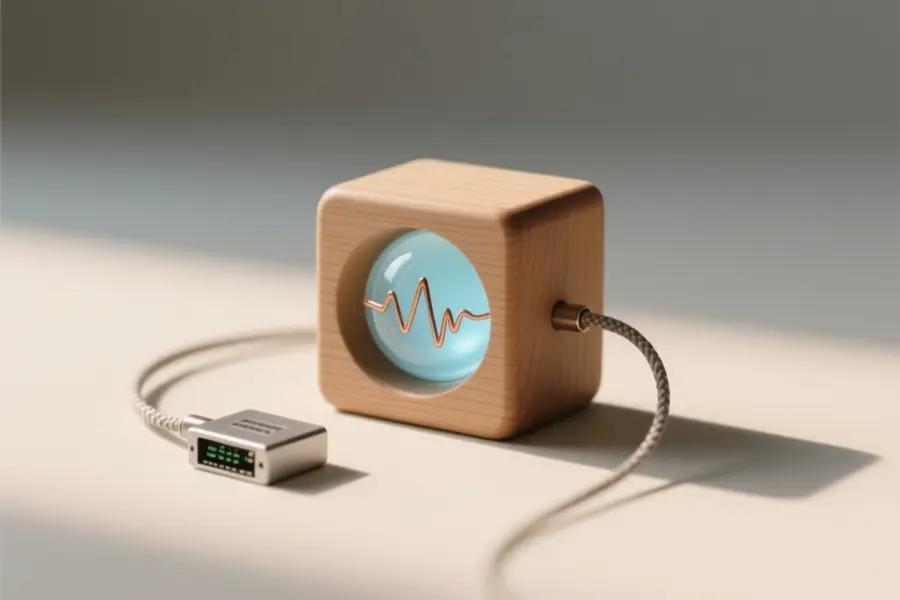 A single smooth wooden toy block resting on a matte cream surface embedded into the polished wood is a subtle translucent glass sphere containing delicate copper voice wave