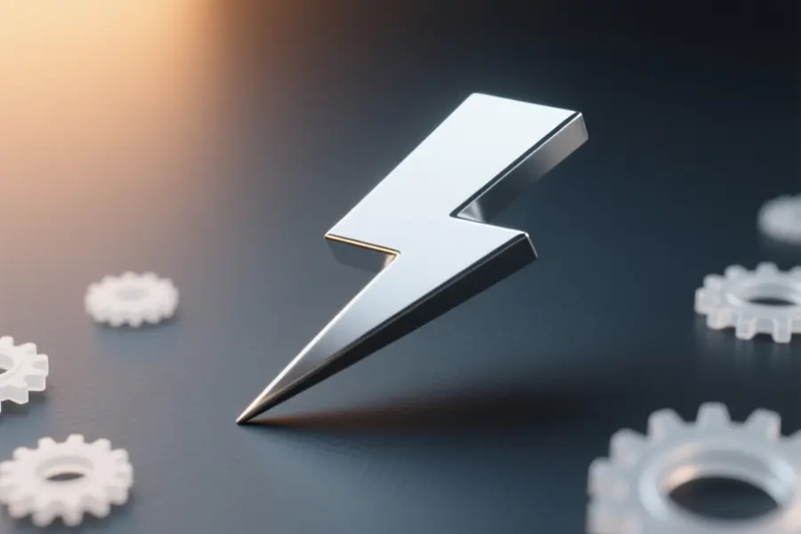A sleek silver jagged lightning bolt resting diagonally across a smooth matte charcoal surface with brushed metal reflecting a soft warm amber.