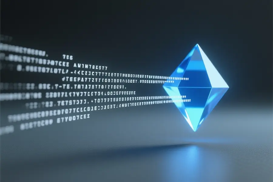 A sleek translucent blue prism floating emitting a fast continuous stream of white text characters.
