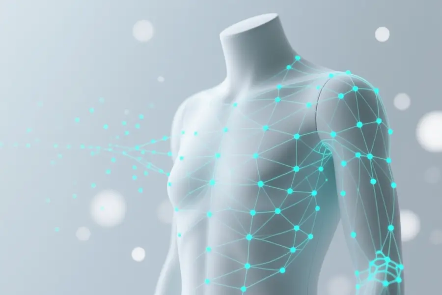 A smooth featureless white mannequin torso covered in translucent digital mesh composed of hundreds of tiny glowing cyan nodes.