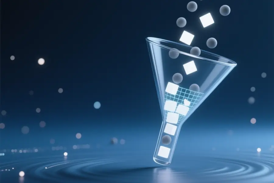 A smooth oversized translucent funnel angled and representing unfiltered menu options allowing only the bright cubes to pass through.