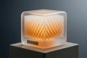 A smooth translucent cube with softly rounded edges resting on a matte ceramic plinth.l