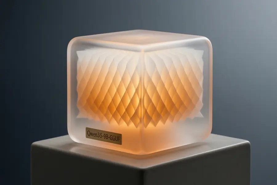A smooth translucent cube with softly rounded edges resting on a matte ceramic plinth.l