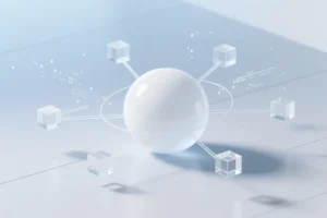 A smooth white sphere acting as a central processing hub radiating outward from the sphere are eight lines resembling connecting spokes.