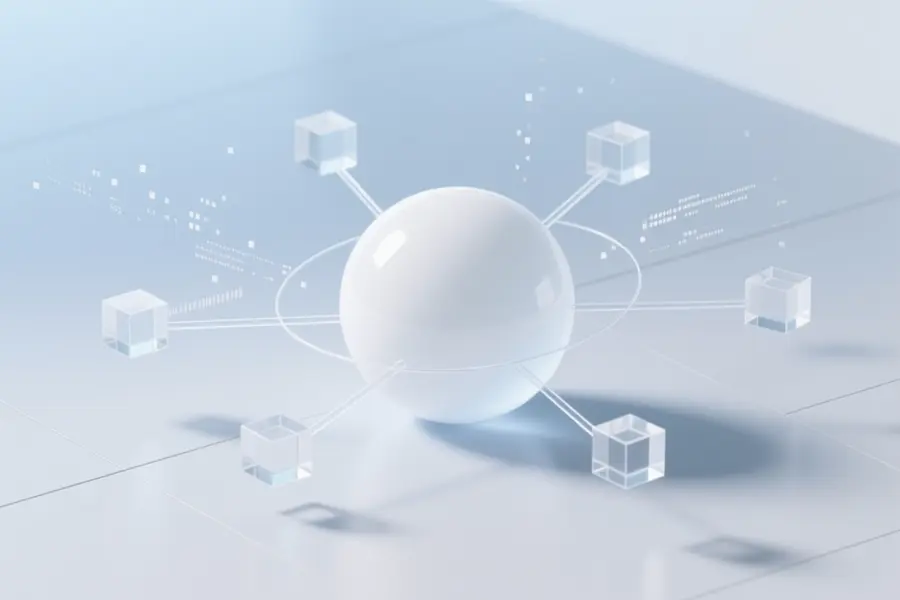 A smooth white sphere acting as a central processing hub radiating outward from the sphere are eight lines resembling connecting spokes.
