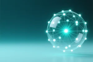 A sphere made of interconnected fiber-optic nodes and fine mesh wires floating with teal background.