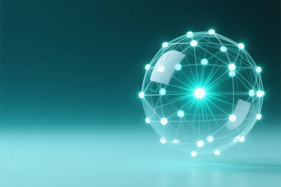 A sphere made of interconnected fiber-optic nodes and fine mesh wires floating with teal background.