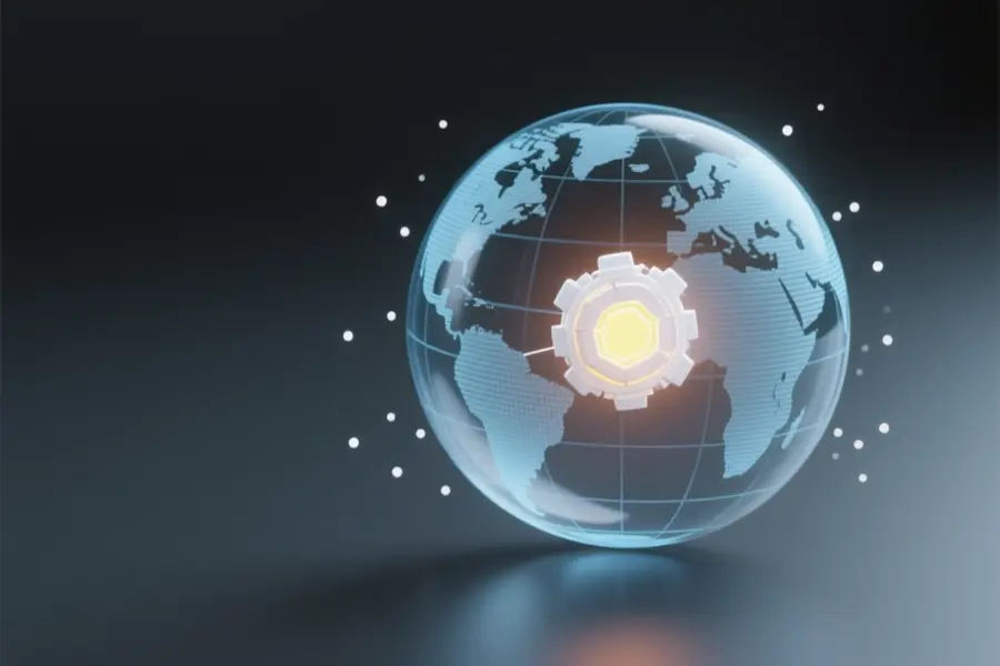 A spherical globe shell intensely glowing white data core floating securely inside a much larger, translucent shell.