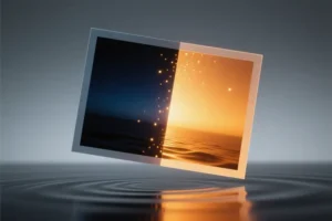 A split photograph with the left half a deep dark charcoal while the right half glows intensely with warm amber.