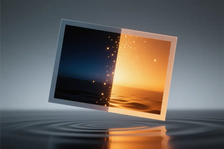 A split photograph with the left half a deep dark charcoal while the right half glows intensely with warm amber.