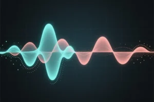 A split waveform visualization showing two distinct audio waves interweaving then separating into their own channels.