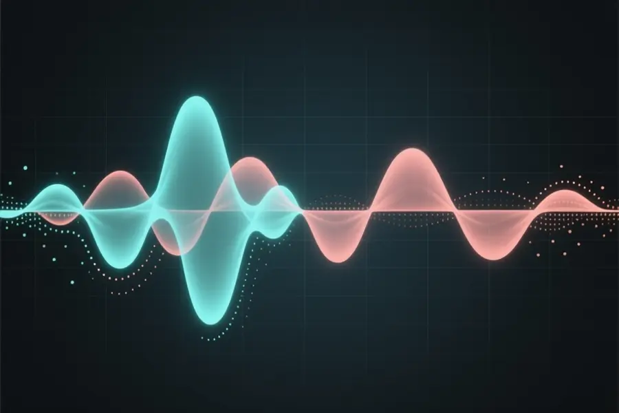 A split waveform visualization showing two distinct audio waves interweaving then separating into their own channels.