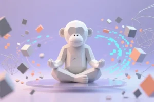 A stylized 3D geometric monkey figure sitting cross-legged in a meditative pose on surrounded by geometric shapes.