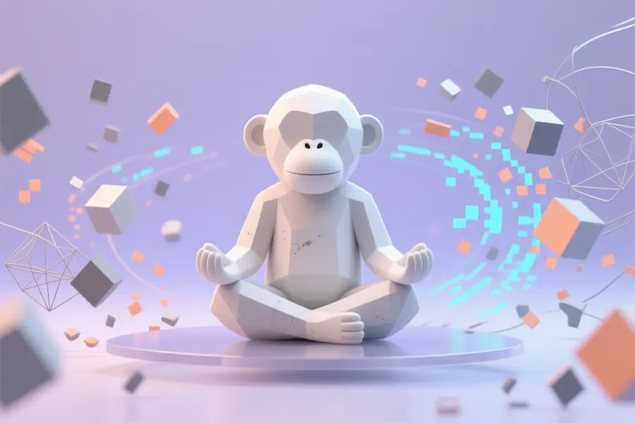 A stylized 3D geometric monkey figure sitting cross-legged in a meditative pose on surrounded by geometric shapes.