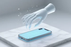 A a stylized mannequin claw made of semi-transparent frosted glass where its hovering over a sleek flat smartphone silhouette.